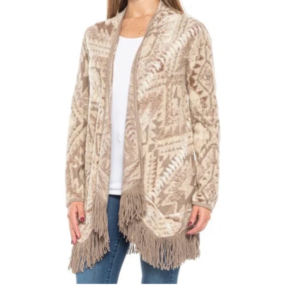 Lucky Brand Geometric Fringe Cardigan – Brown & Cream (Size M)